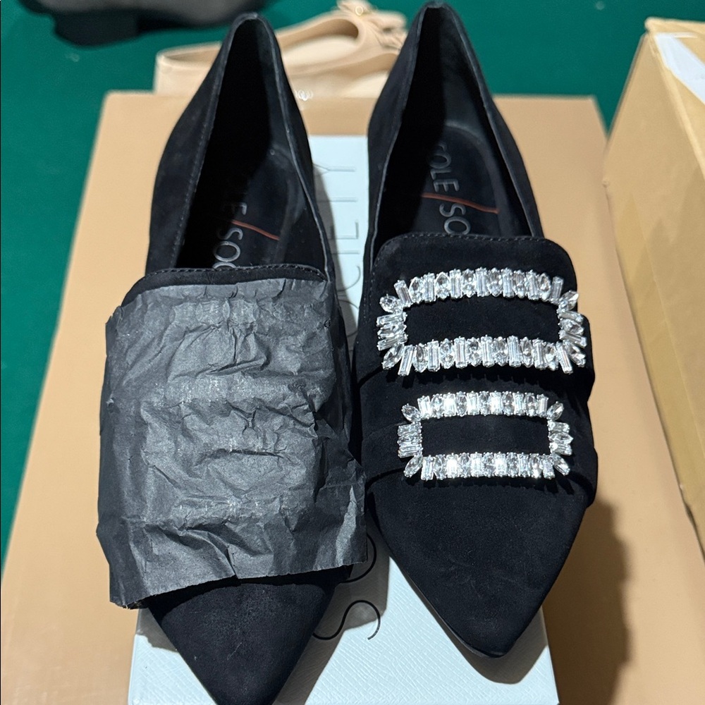 Black Women's Flats with Crystal Embellishments